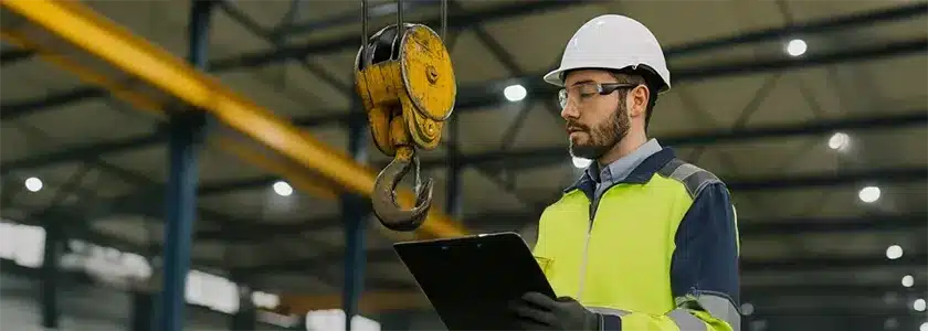 A worker performing a crane inspection